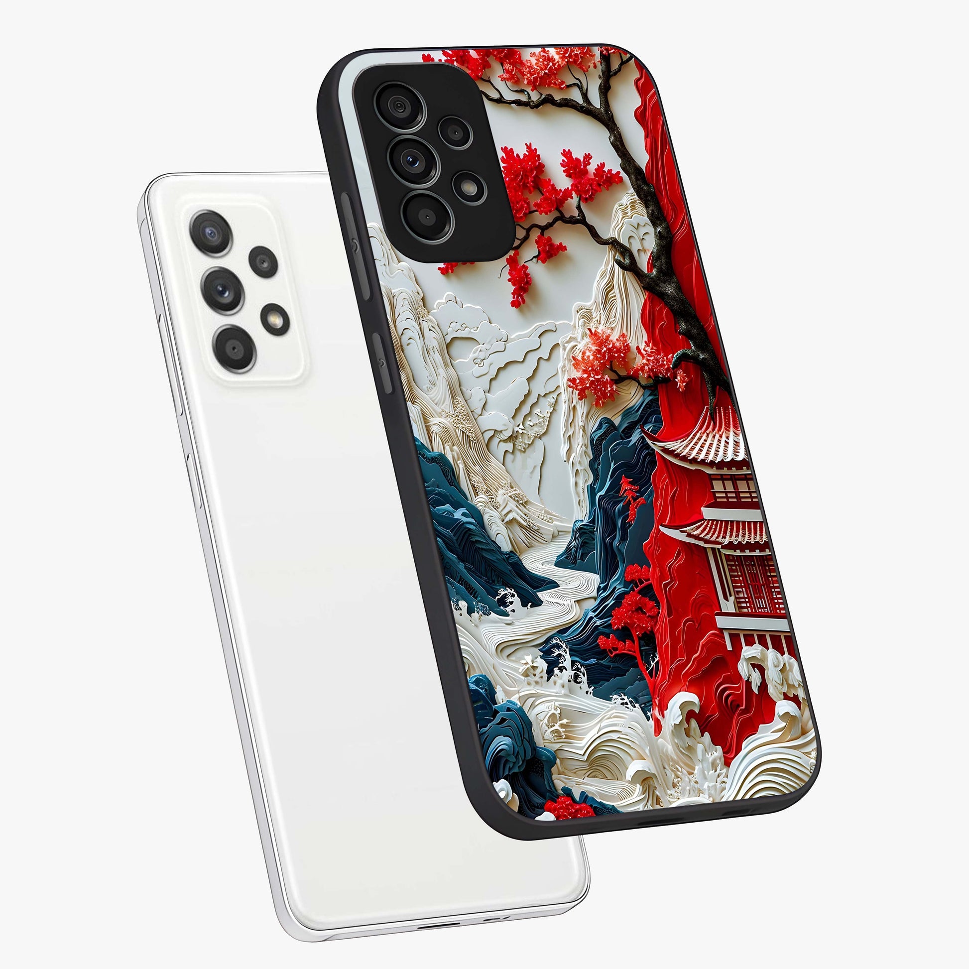 Whispers Of Sakura Waves Glass Case displayed in angled mockup highlighting flowing sakura design with soft floral aesthetic.