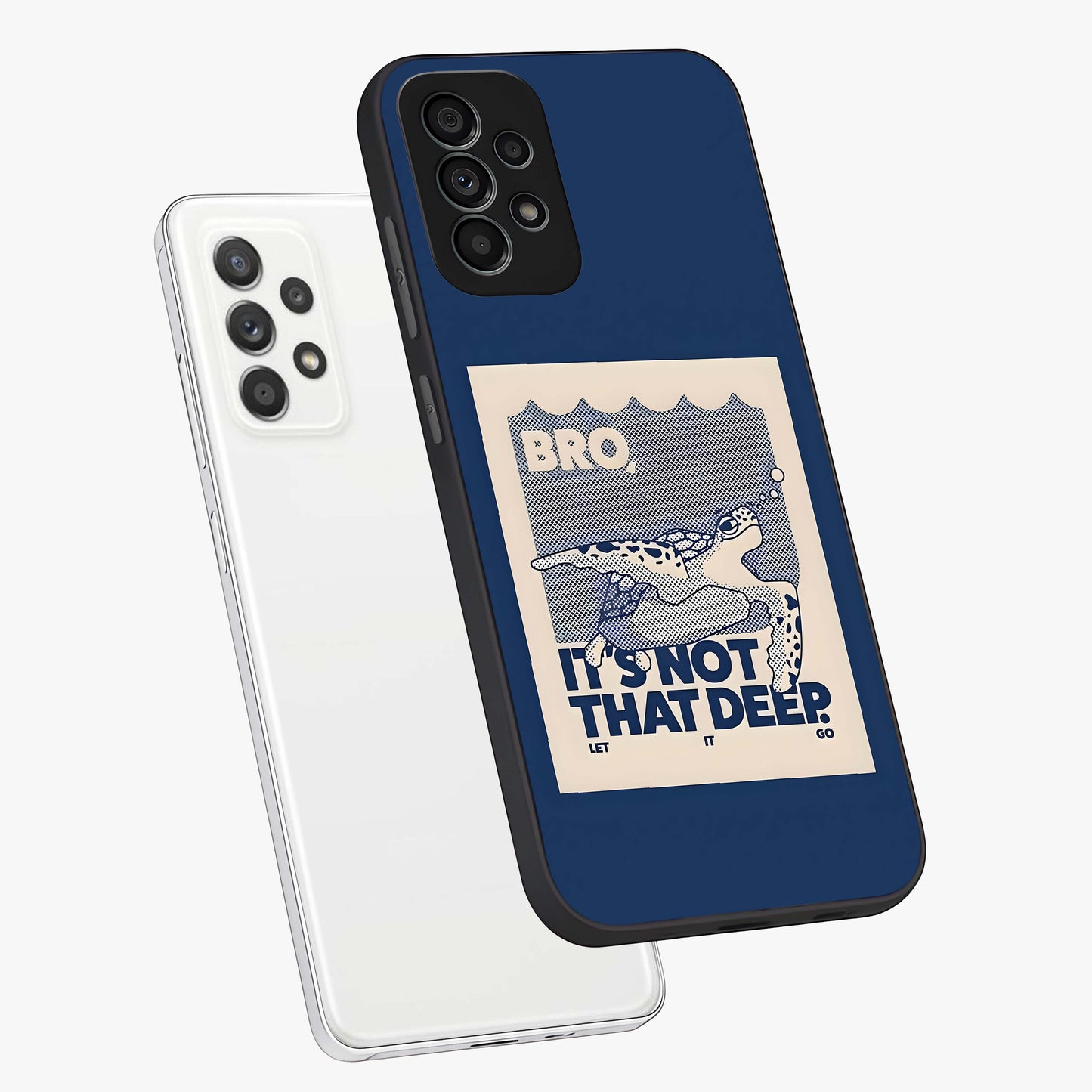 Worry Less Swim Glass Case displayed in angled mockup highlighting fun typography design with relaxed aesthetic style.