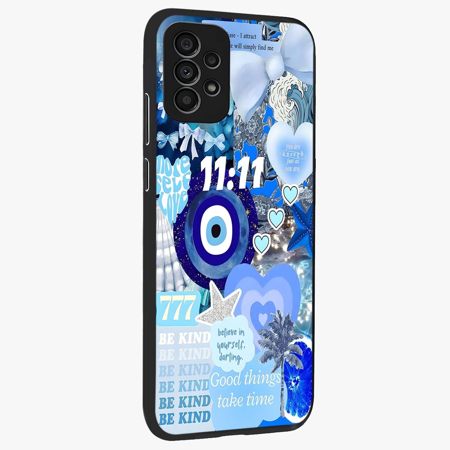 Aesthetic Be Kind Eye Glass Case upright view showcasing stylish eye illustration with positive message theme.