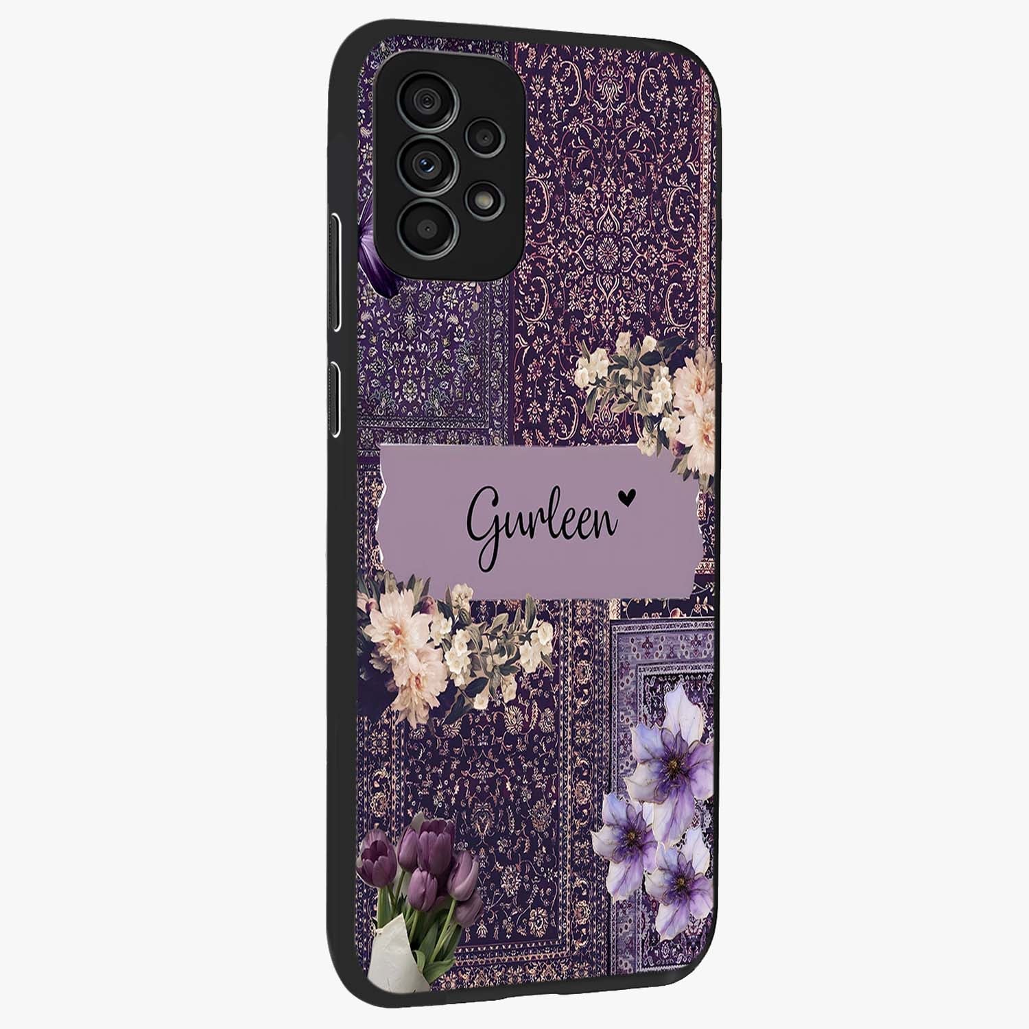 Antique Floral Whisper Custom Name Glass Case upright view showcasing delicate floral artwork with custom name feature.