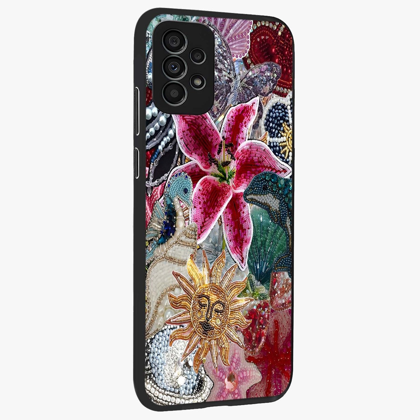 Beaded Garden Fantasy Glass Case upright view showcasing whimsical garden aesthetic with artistic bead details.