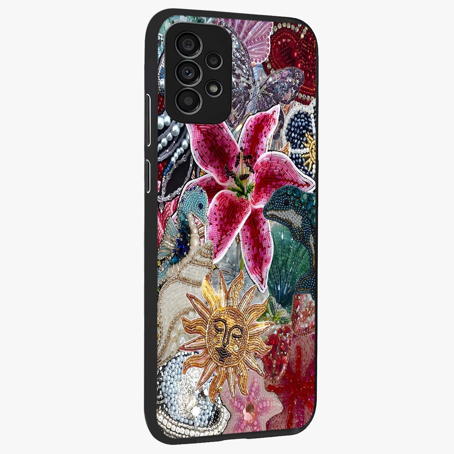 Beaded Garden Fantasy Glass Case upright view showcasing whimsical garden aesthetic with artistic bead details.