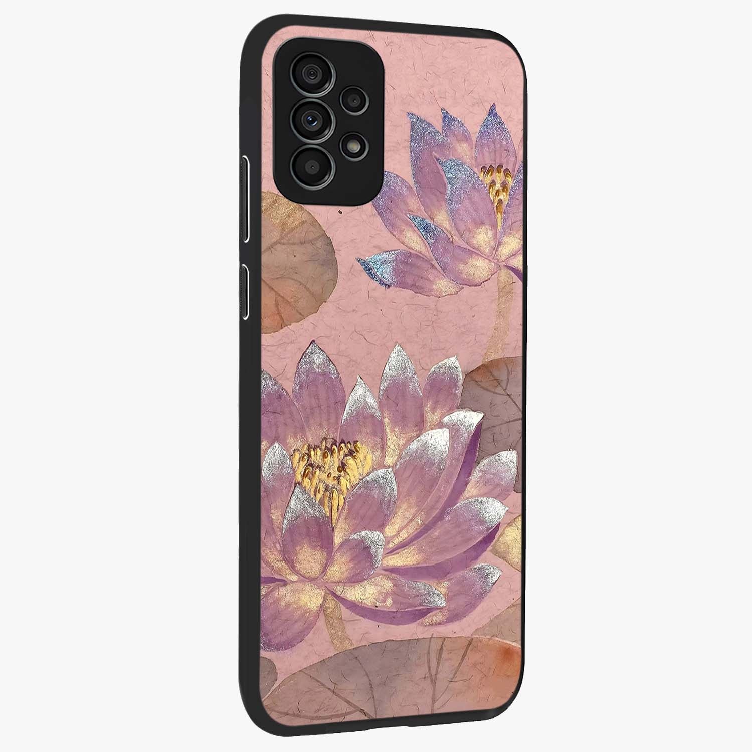 Blossom Mist Lotus Glass Case upright view showcasing graceful lotus flower design with peaceful botanical style.