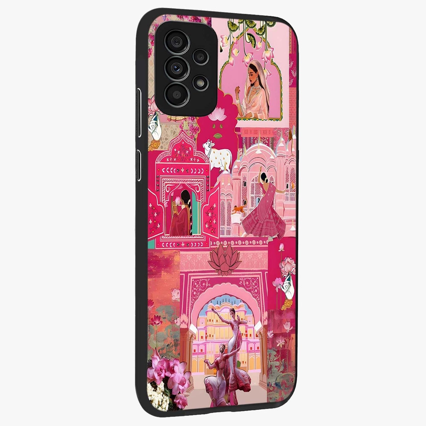 Blossoms of Rajasthan Glass Case upright view showcasing colorful floral design inspired by traditional Indian art.