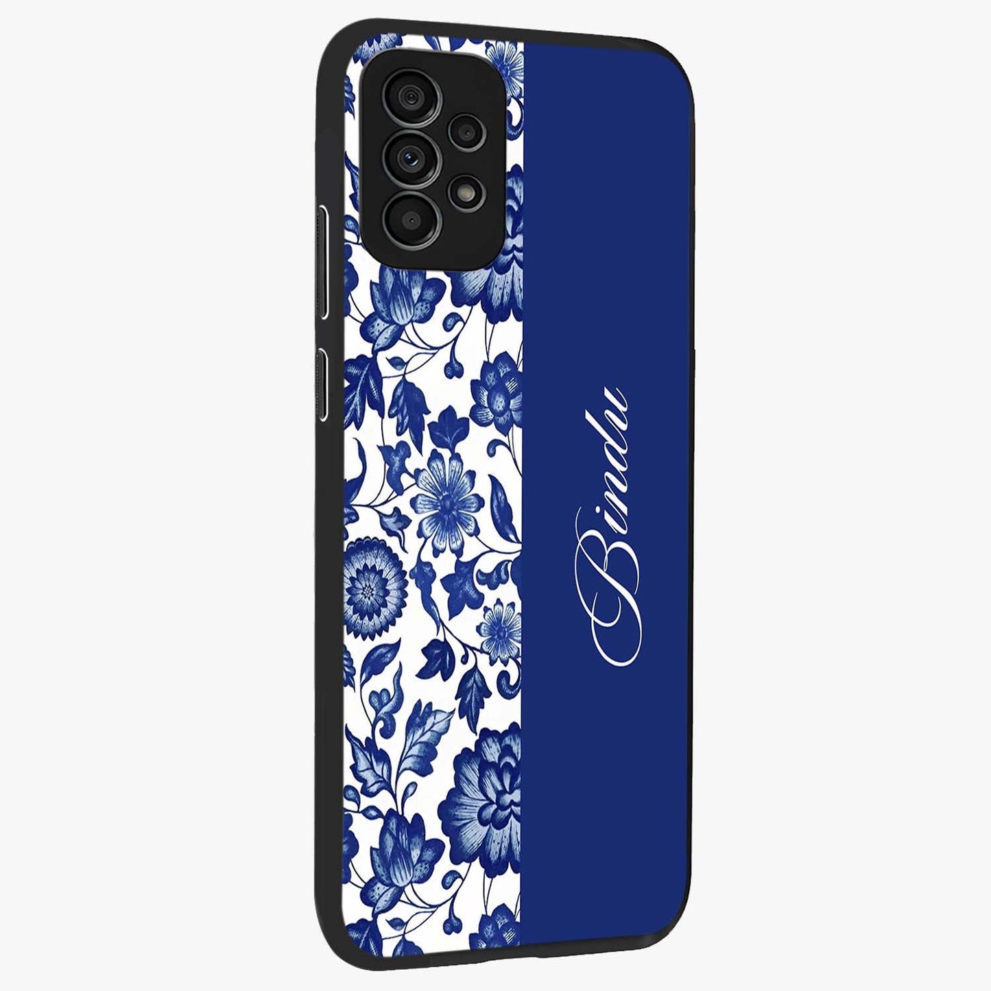 Blue Vintage Floral Pattern Glass Case upright view showcasing delicate blush floral texture with modern minimal style.