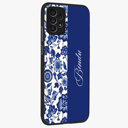 Blue Vintage Floral Pattern Glass Case upright view showcasing delicate blush floral texture with modern minimal style.