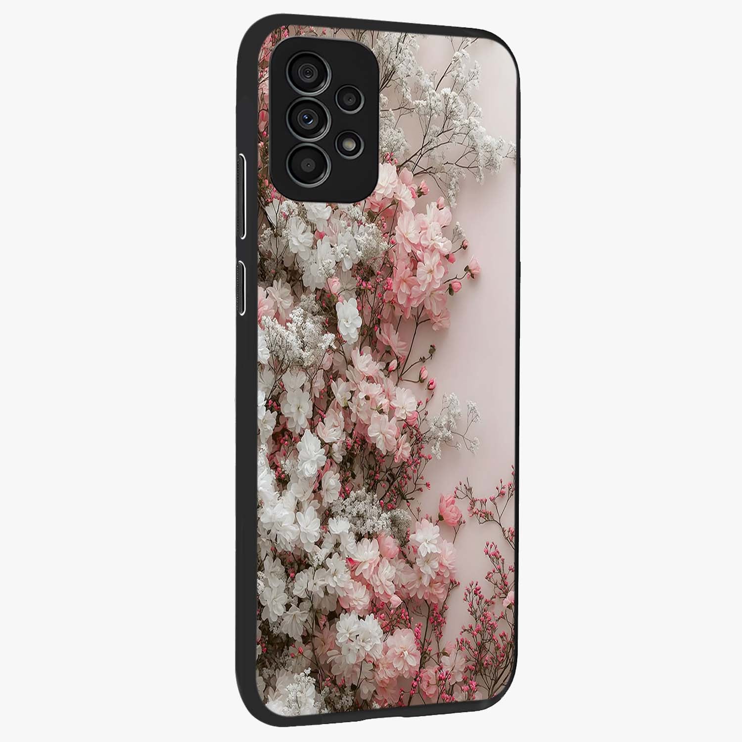 Blush Blossom Cloud Glass Case upright view showcasing calm floral cloud artwork with gentle dreamy theme.