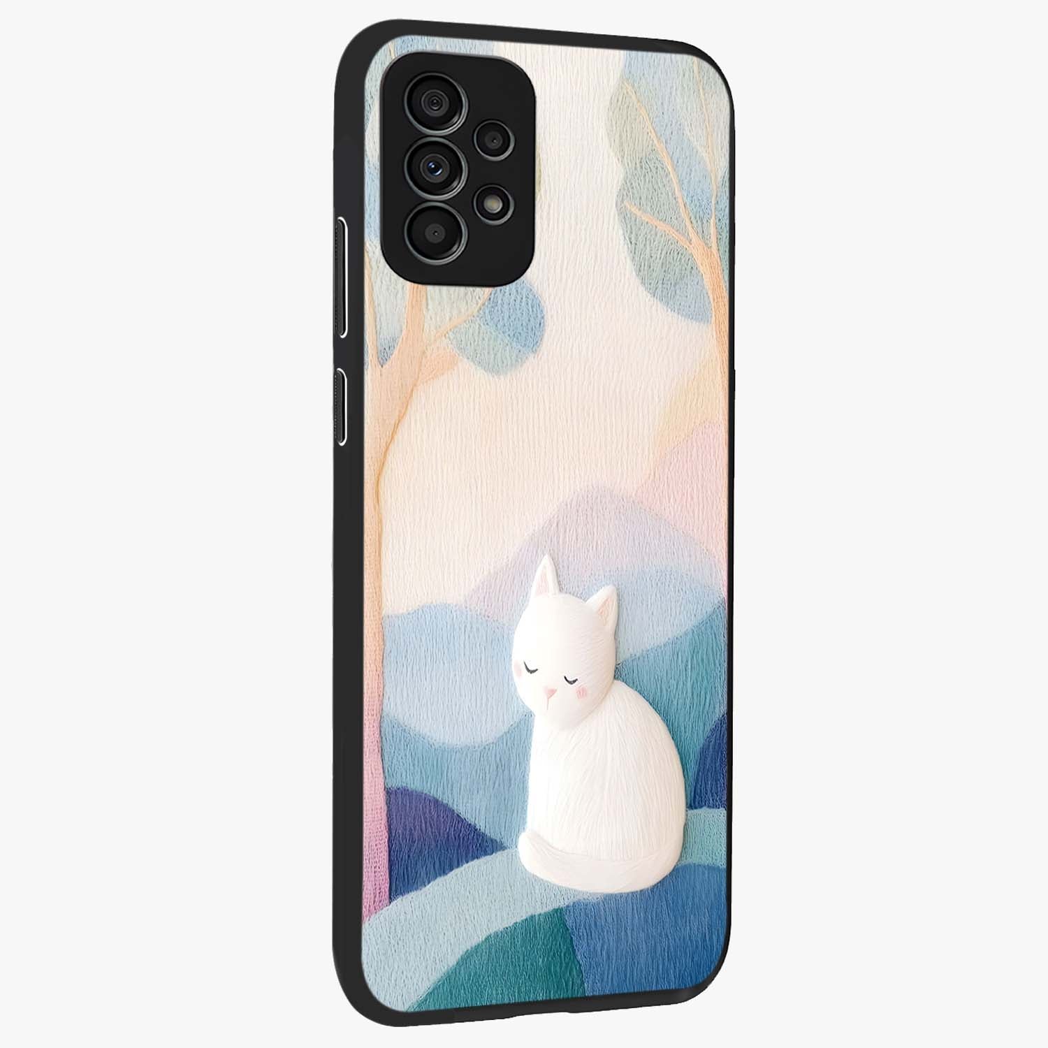 Cotton Dream Cat Glass Case upright view showcasing charming cat artwork with cozy dreamy theme.