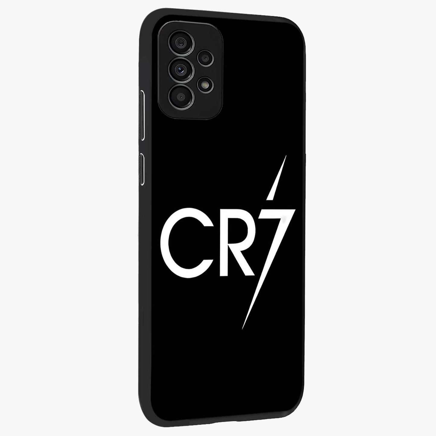 Cr7 Elite Strike Glass Case upright view showcasing energetic football inspired design with modern sports aesthetic.