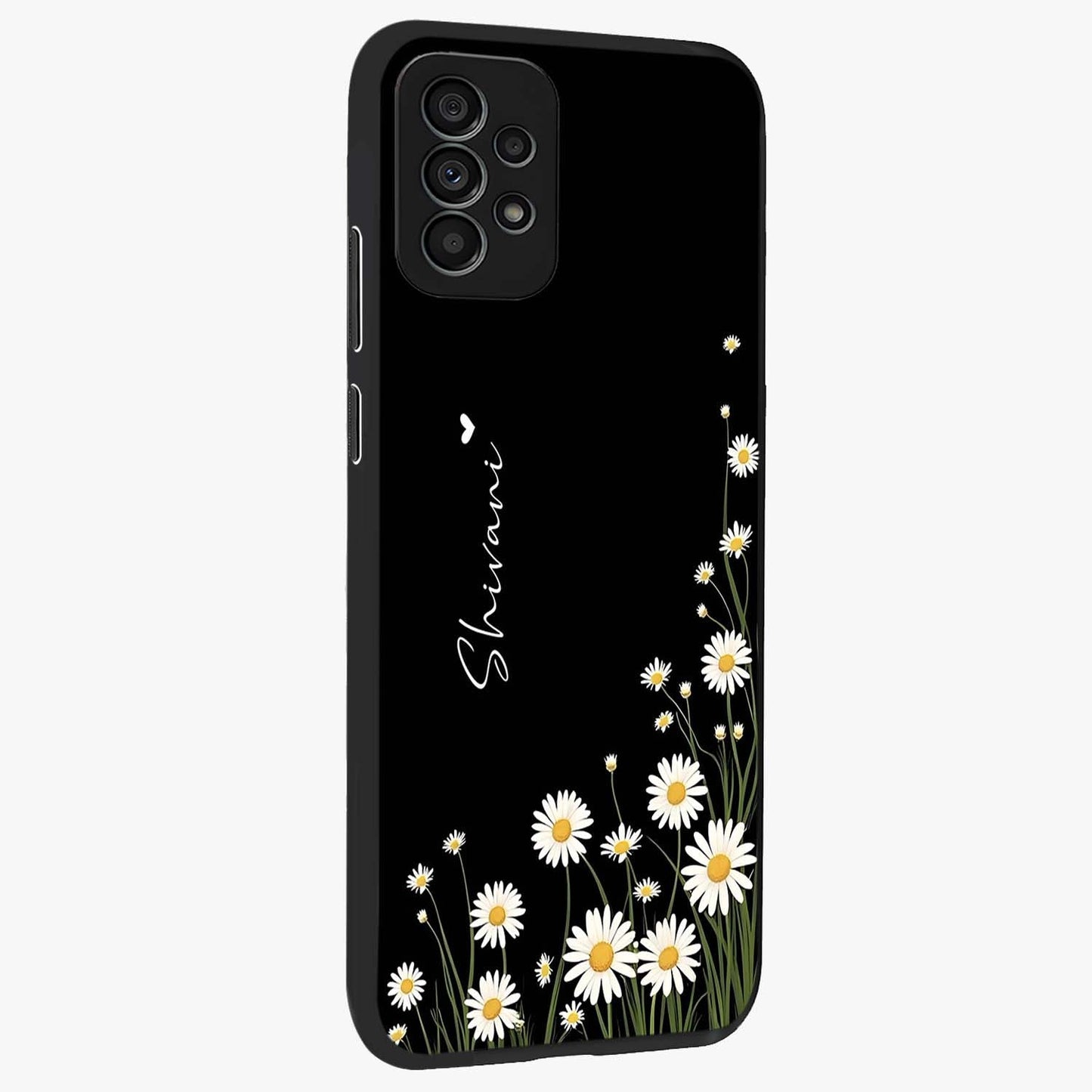 Daisy Cascade Custom Name Glass Case upright view showcasing elegant floral cascade design with personalized aesthetic.