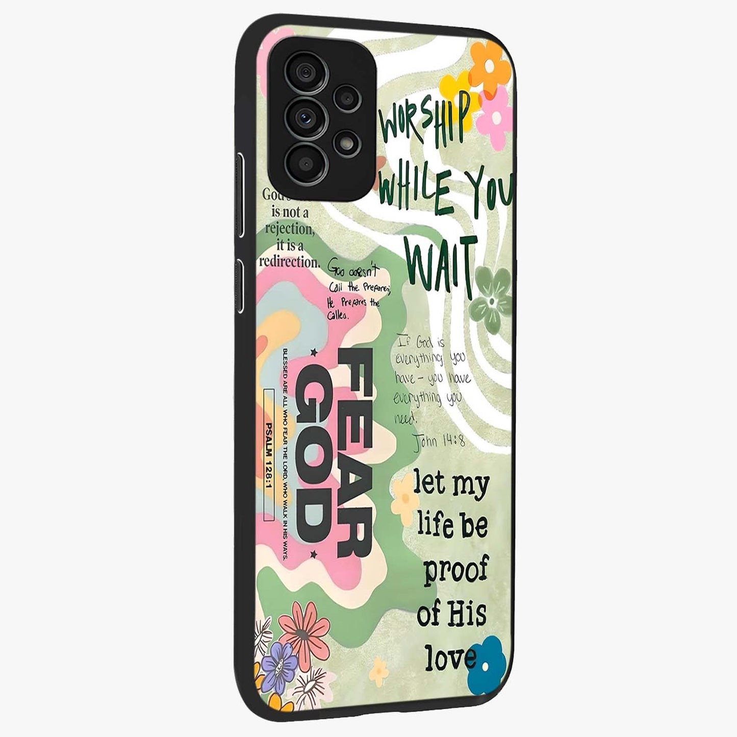 Faith Over Fear Glass Case upright view showcasing bold typography artwork with uplifting motivational theme.