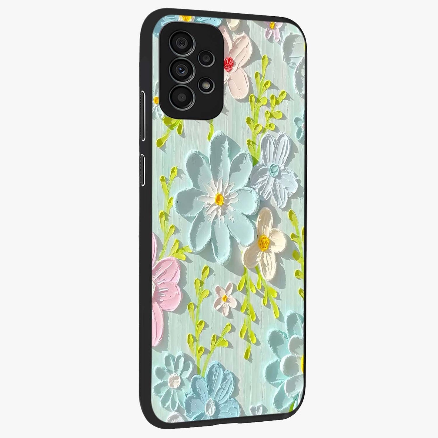 Frosted Petal Garden Glass Case upright view showcasing elegant floral garden artwork with soothing pastel theme.