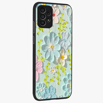 Frosted Petal Garden Glass Case upright view showcasing elegant floral garden artwork with soothing pastel theme.