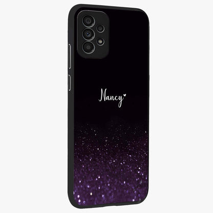 Glittery Purple Bokeh Custom Name Glass Case upright view showcasing vibrant purple sparkle artwork with personalized aesthetic style.