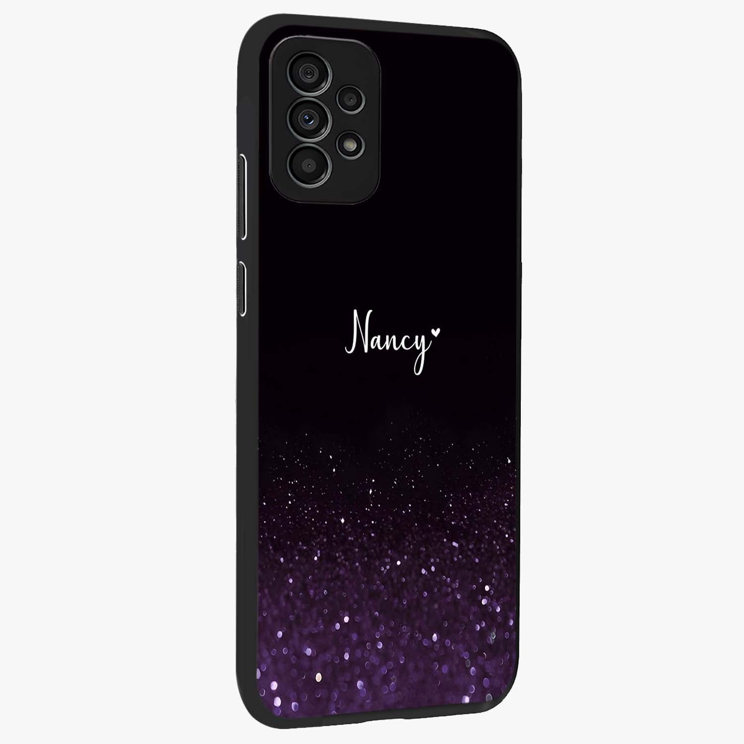 Glittery Purple Bokeh Custom Name Glass Case upright view showcasing vibrant purple sparkle artwork with personalized aesthetic style.