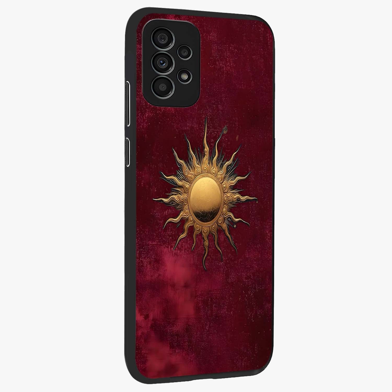 Golden Sun Minimalism Glass Case upright view showcasing simple golden sun artwork with elegant minimalist style.