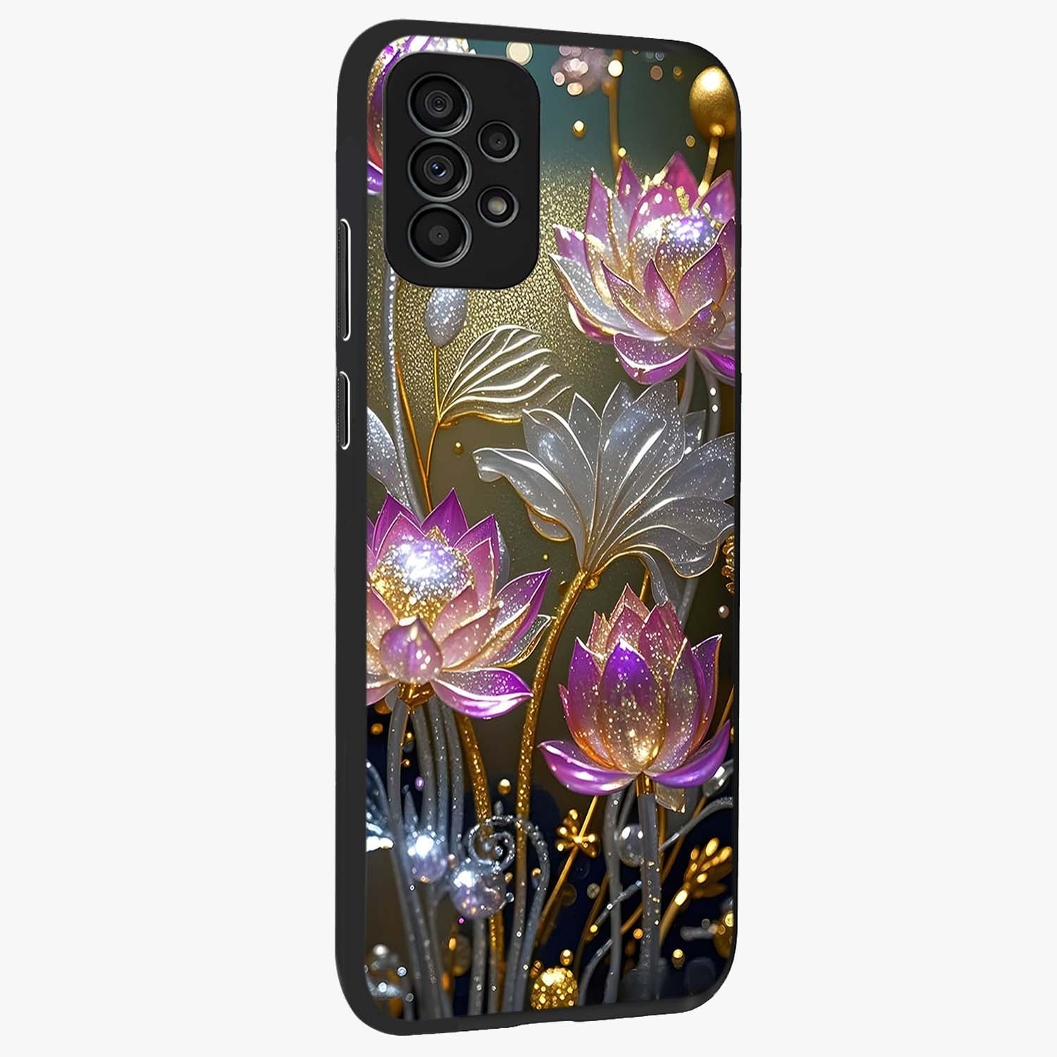 Golden Floral Majesty Glass Case upright view showcasing majestic floral artwork with rich decorative theme.