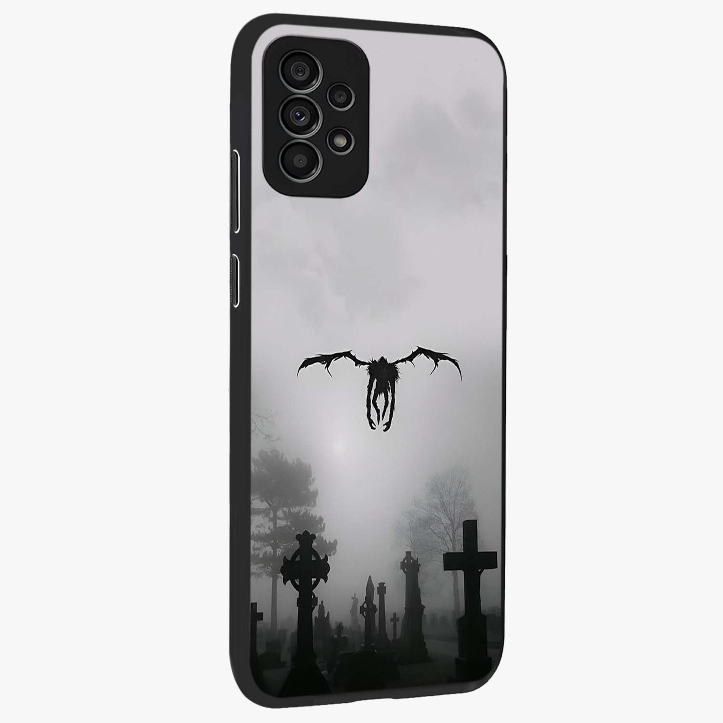 Graveyard Shadow Descent Glass Case upright view showcasing haunting graveyard artwork with dramatic dark theme.