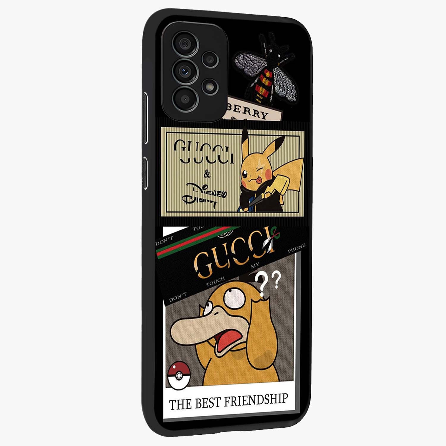 Gucci Play Mashup Glass Case upright view showcasing trendy luxury inspired artwork with modern fashion theme.