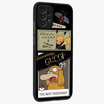 Gucci Play Mashup Glass Case upright view showcasing trendy luxury inspired artwork with modern fashion theme.