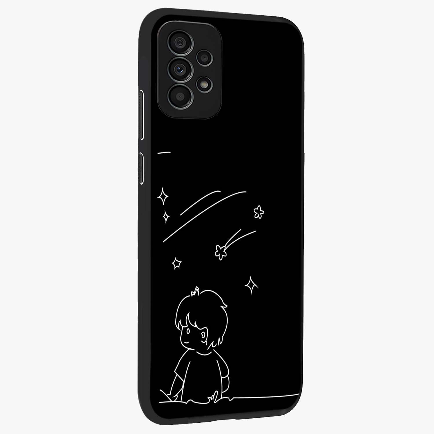 Line Art Boy With Shooting Stars Glass Case upright view showcasing artistic shooting star illustration with minimal style.