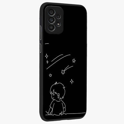 Line Art Boy With Shooting Stars Glass Case upright view showcasing artistic shooting star illustration with minimal style.