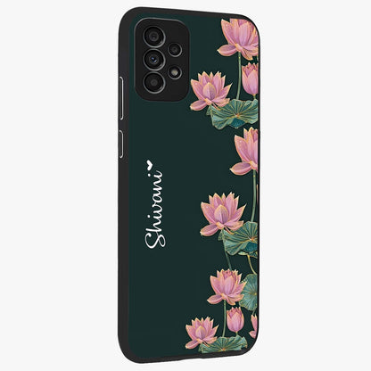 Lotus Bloom Serenity Custom Name Glass Case upright view showcasing serene lotus bloom artwork with personalized floral aesthetic.