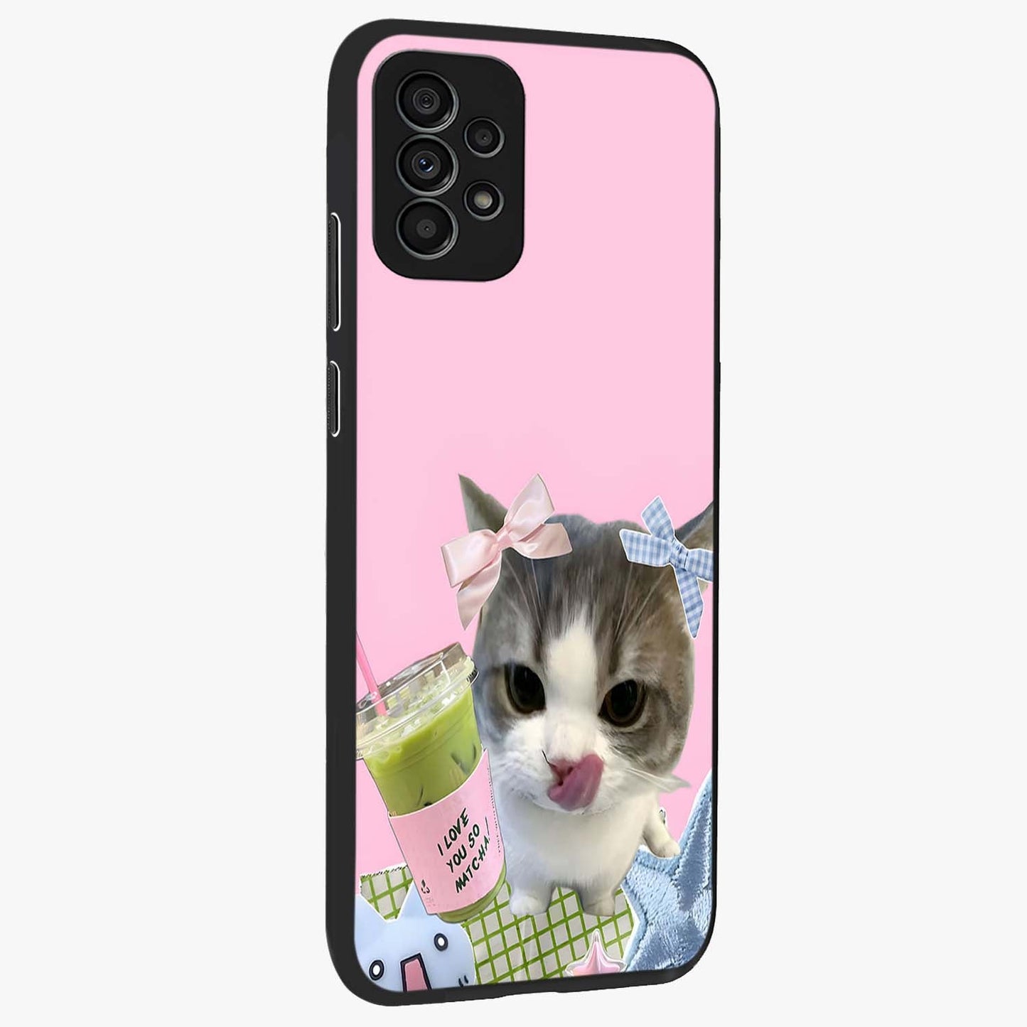Love Matcha Cat Glass Case upright view showcasing adorable cat artwork with charming matcha themed design.
