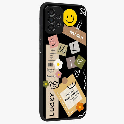 Lucky Aesthetic Collage Glass Case upright view showcasing vibrant collage artwork with youthful aesthetic theme.