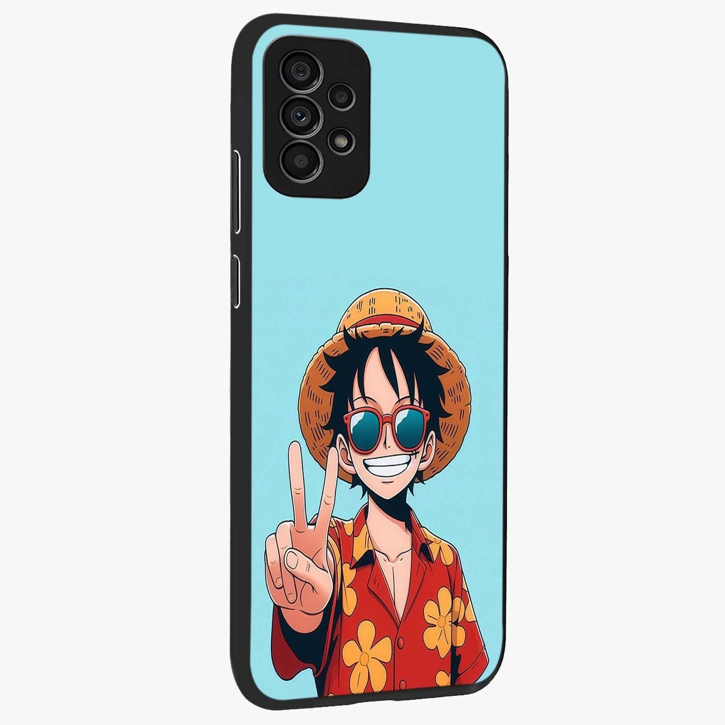 Luffy Summer Anime Vibe Glass Case upright view showcasing dynamic anime artwork with bright adventurous theme.