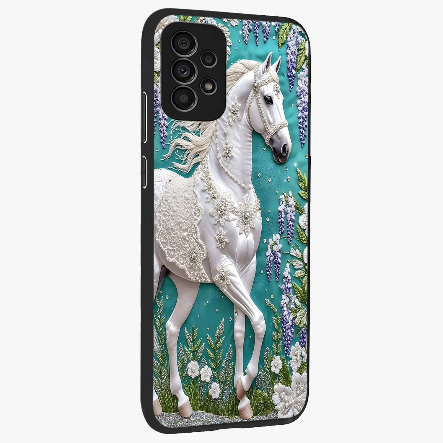Majestic Floral Stallion Glass Case upright view showcasing dramatic horse artwork with decorative floral theme.