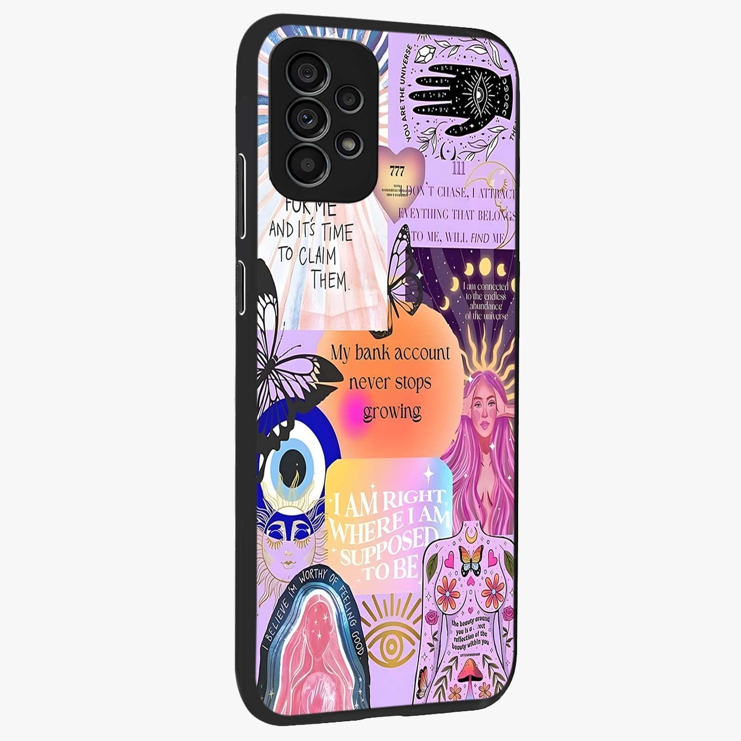 Manifestation Collage Glass Case upright view showcasing artistic manifestation themed artwork with creative style.