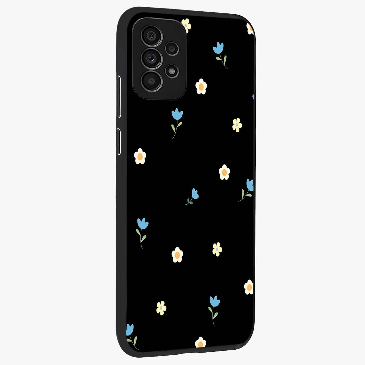 Minimal Petal Whispers Glass Case upright view showcasing elegant floral artwork with modern minimalist style.