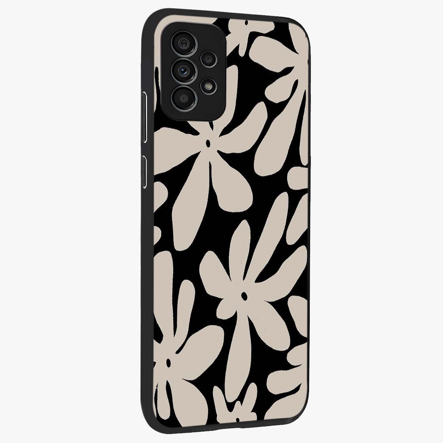 Monochrome Petal Dance Glass Case upright view showcasing artistic floral pattern with stylish monochrome theme.