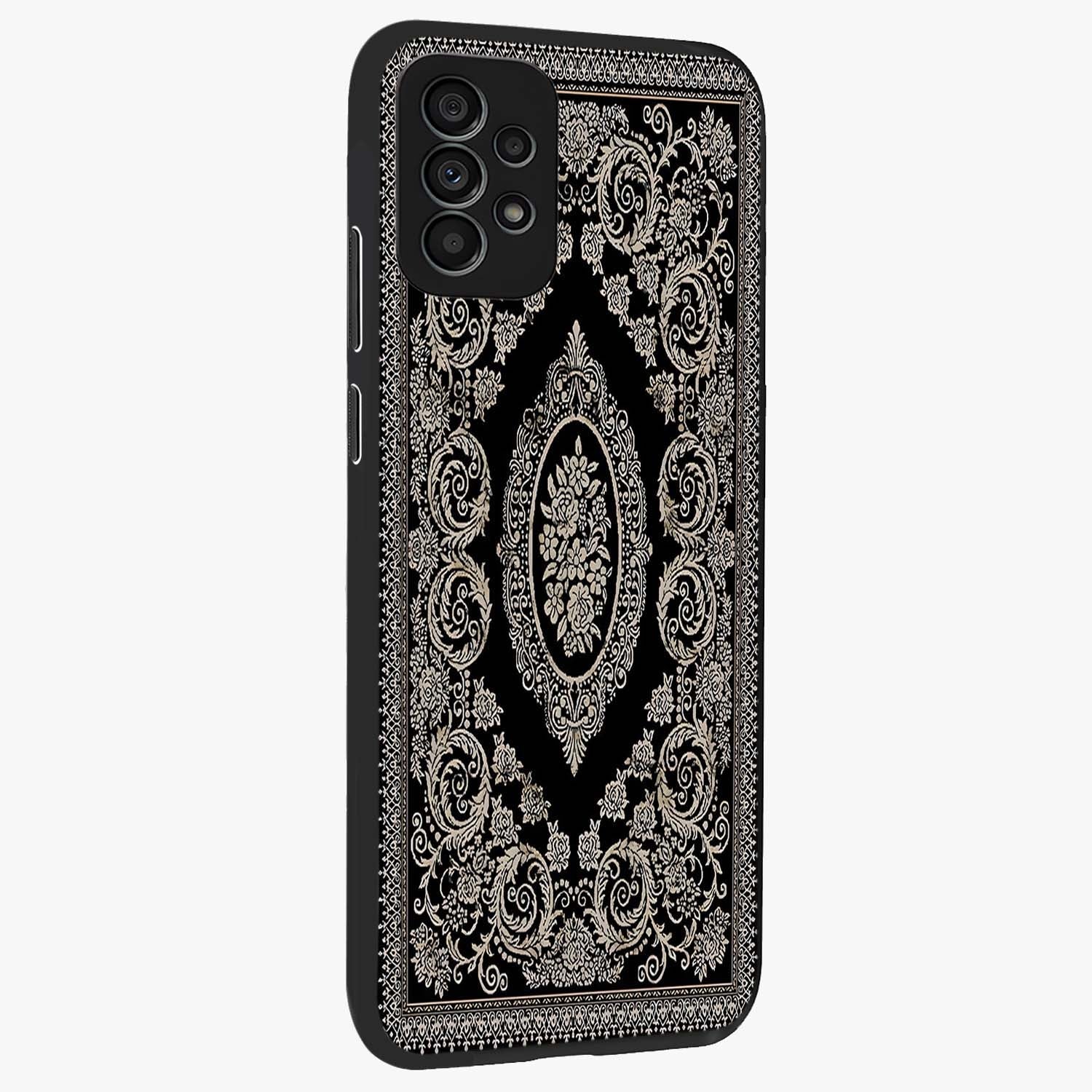 Noir Bloom Elegance Glass Case upright view showcasing graceful floral artwork with luxurious dark theme.