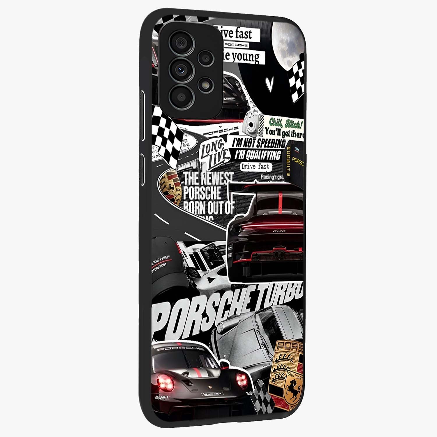 Porsche Racing Collage Glass Case upright view showcasing energetic car collage artwork with high speed racing theme.