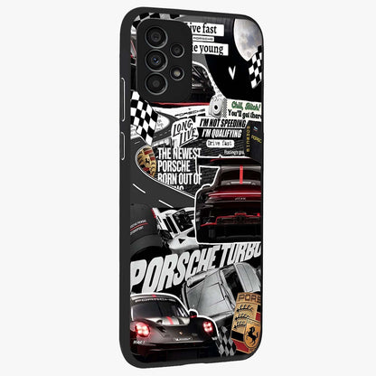 Porsche Racing Collage Glass Case upright view showcasing energetic car collage artwork with high speed racing theme.