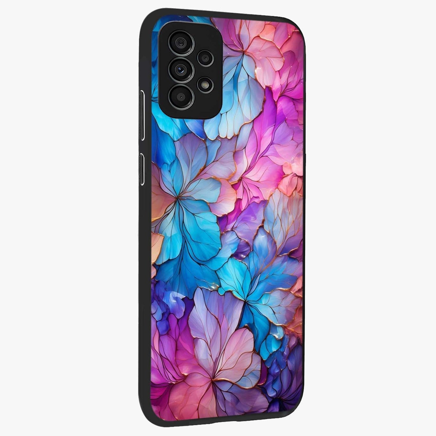 Radiant Floral Whirl Glass Case upright view showcasing lively floral artwork with decorative swirl theme.