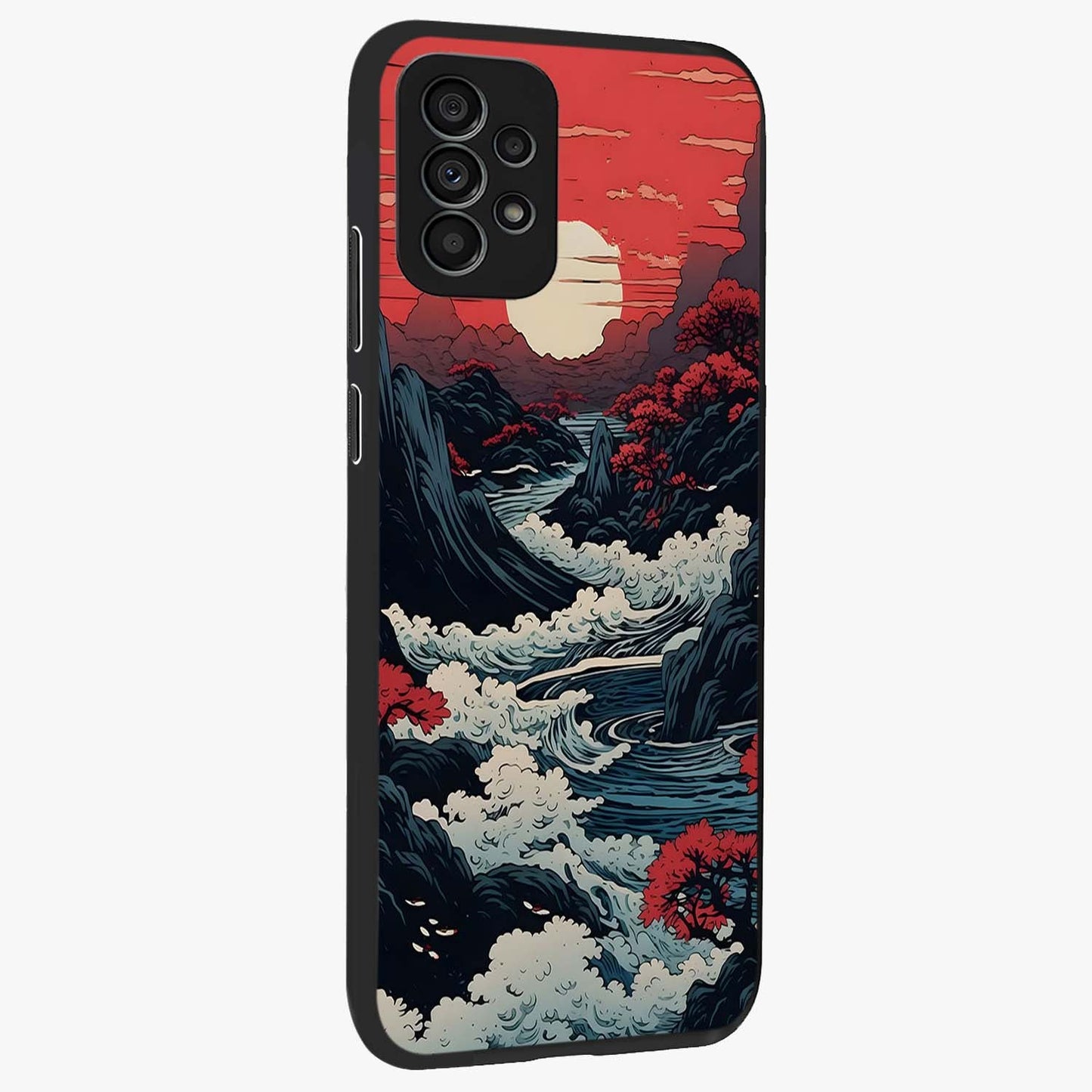 Red Sunset Scenery Glass Case upright view showcasing dramatic sunset scenery artwork with warm nature theme.