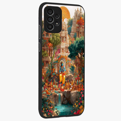 Sacred Sunlight Gods Glass Case upright view showcasing glowing divine artwork with sacred mythological theme.