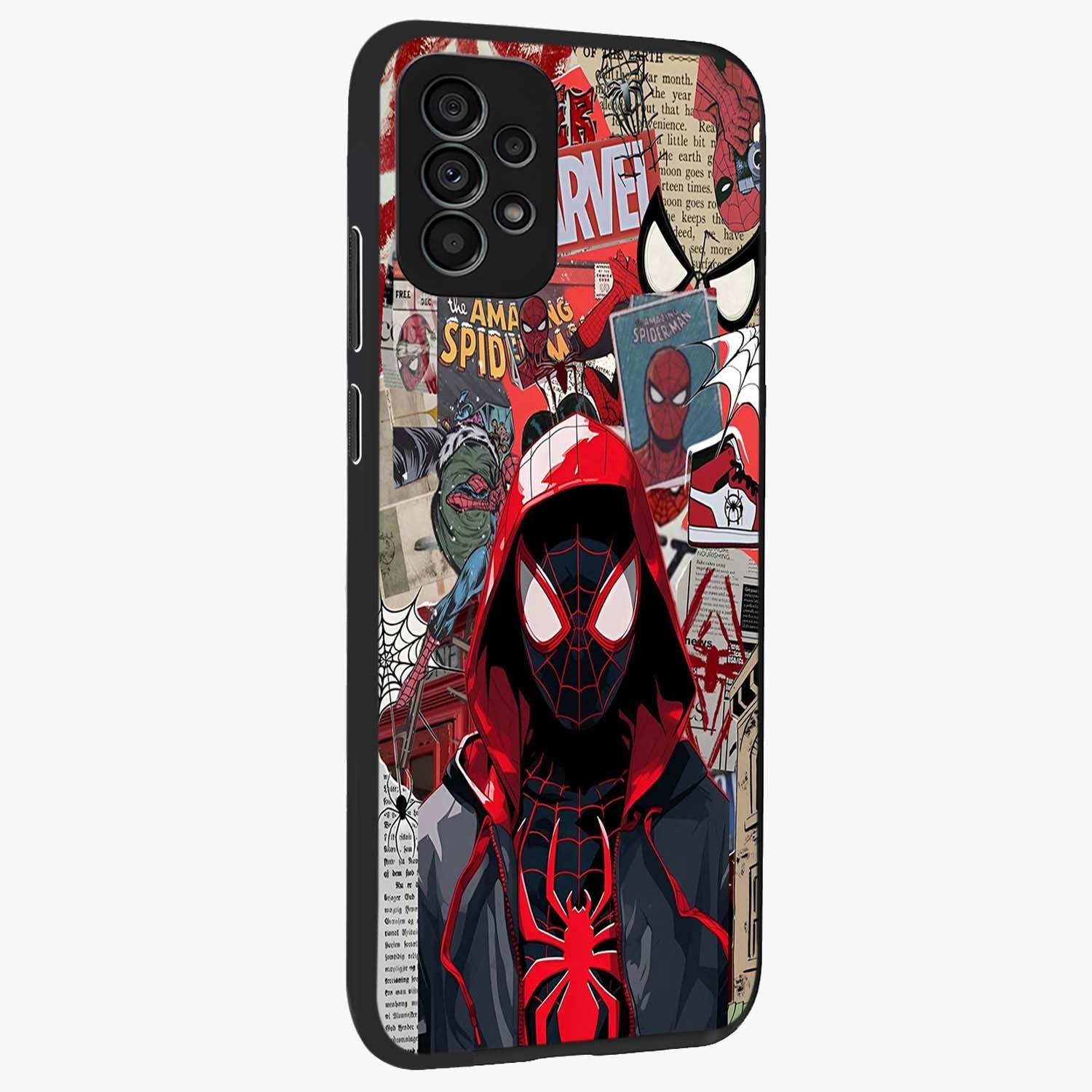 Spider Collage Street Glass Case upright view showcasing bold superhero artwork with urban street theme.