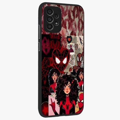 Spider Love Story Glass Case upright view showcasing charming superhero artwork with romantic comic theme.