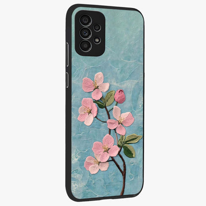 Threaded Blossom Breeze Glass Case upright view showcasing graceful flower artwork with calm botanical theme.