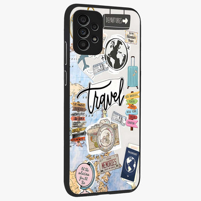 Wanderlust Journal Glass Case upright view showcasing wanderlust inspired artwork with creative exploration theme.