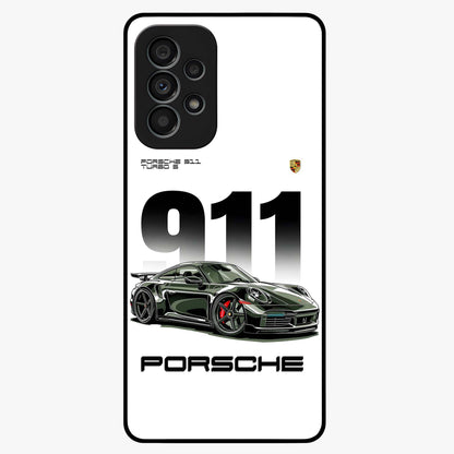 911 Turbo Dominance Glass Case showing clean flat back view with bold 911 sports car artwork and glossy glass finish.