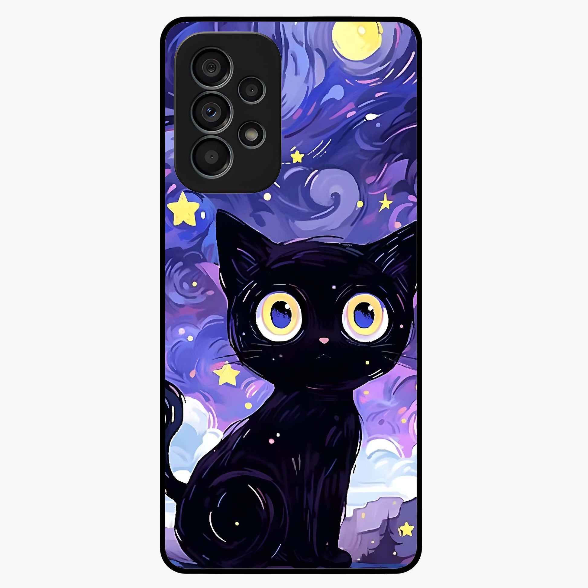 Abstract Cat Art Glass Case showing flat back view with artistic cat illustration and glossy glass finish.