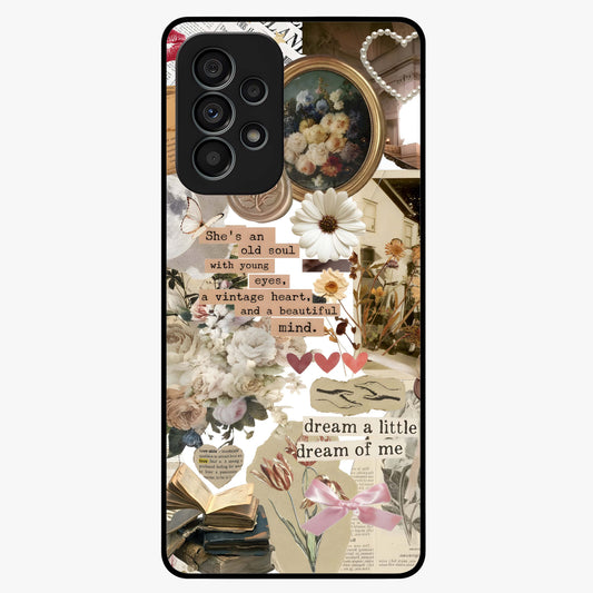 Aesthetic Brown Vintage Collage Glass Case showing flat back view with retro collage artwork and glossy glass finish.