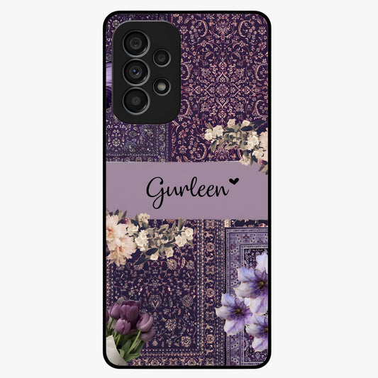 Antique Floral Whisper Custom Name Glass Case showing flat back view with vintage floral artwork and personalized name design.