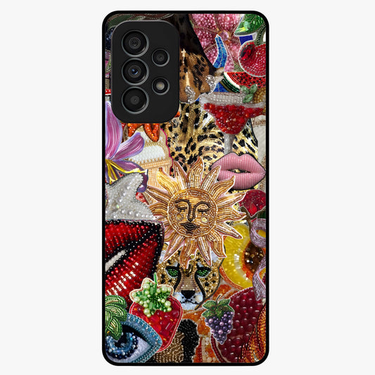 Beaded Fashion Jungle Glass Case showing flat back view with vibrant jungle inspired bead artwork and glossy glass finish.