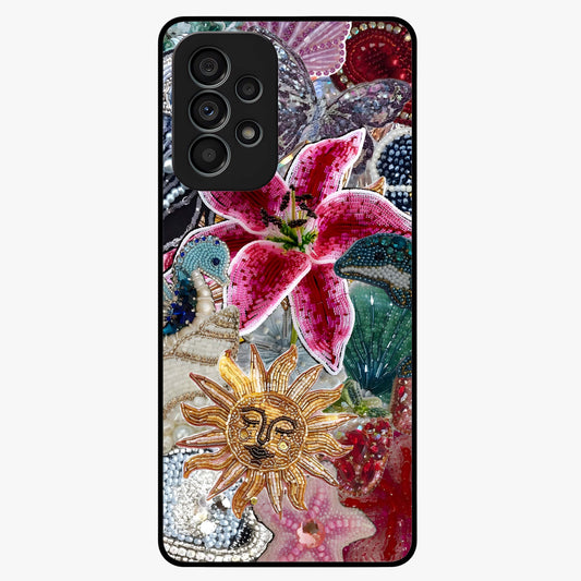 Beaded Garden Fantasy Glass Case showing flat back view with dreamy garden bead artwork and glossy glass finish.